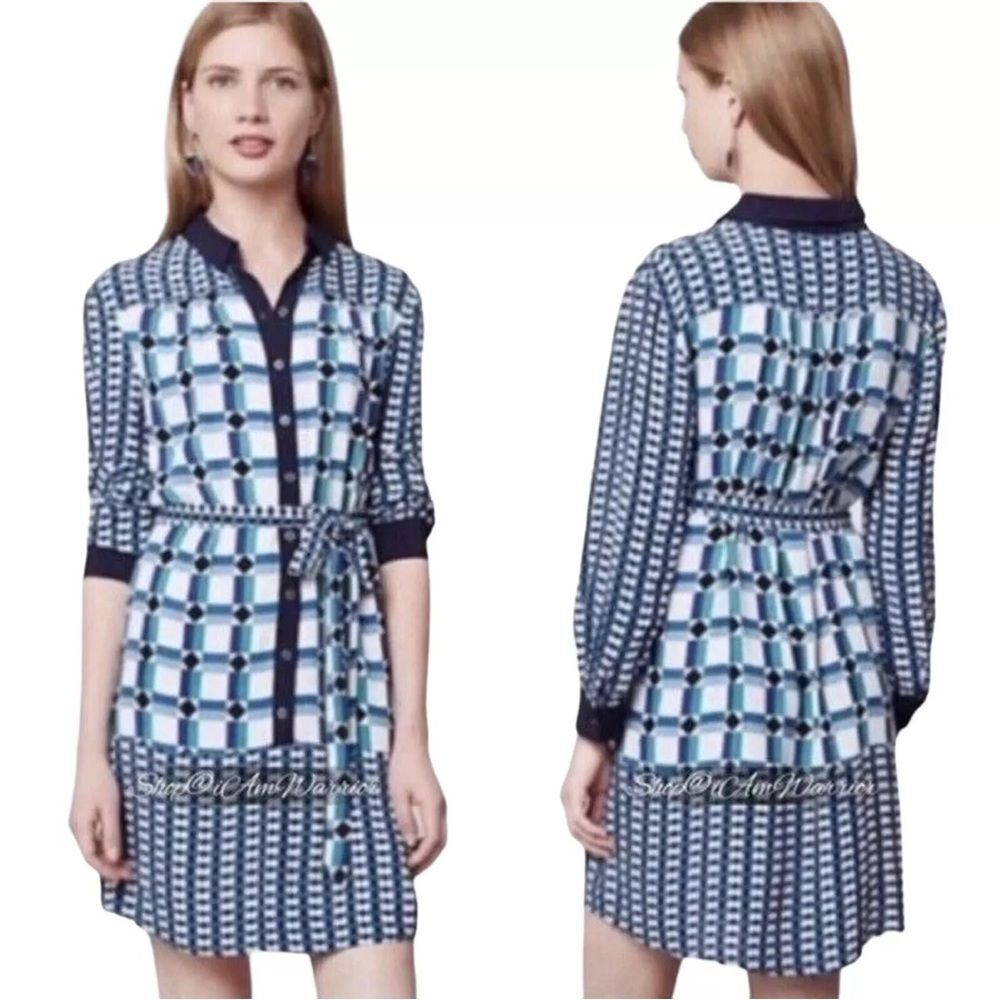 Anthropologie Blue and White Geometric Shirt Dress